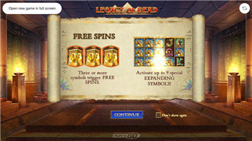 Legacy of Dead Slot-Interface mit ägyptischem Grabsymbol und 5×3-Walzenraster im Demo-Modus